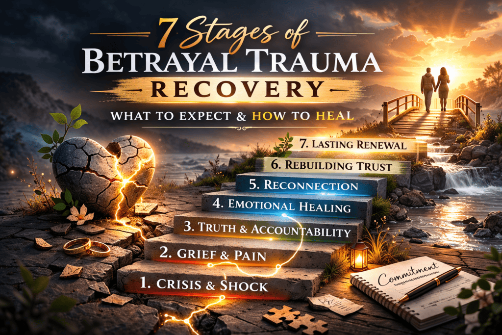Winding path through landscape representing the seven stages of betrayal trauma recovery from crisis to integration