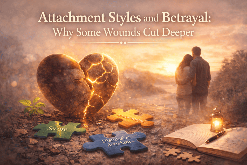 Couple standing apart with invisible threads representing attachment bonds strained by betrayal trauma in marriage