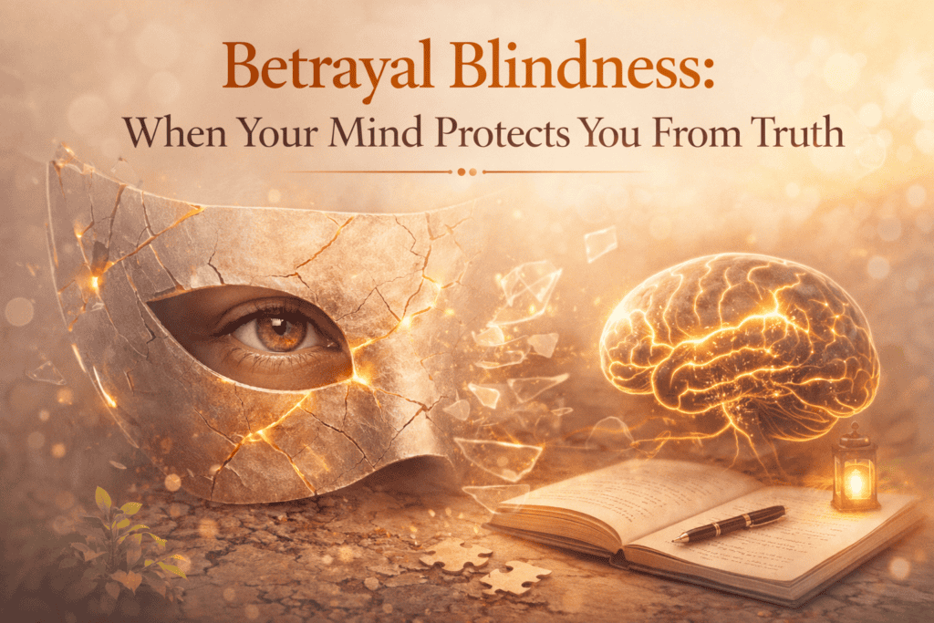 Woman looking through fragmented glass representing betrayal blindness, the unconscious mechanism that prevents seeing signs of betrayal in marriage