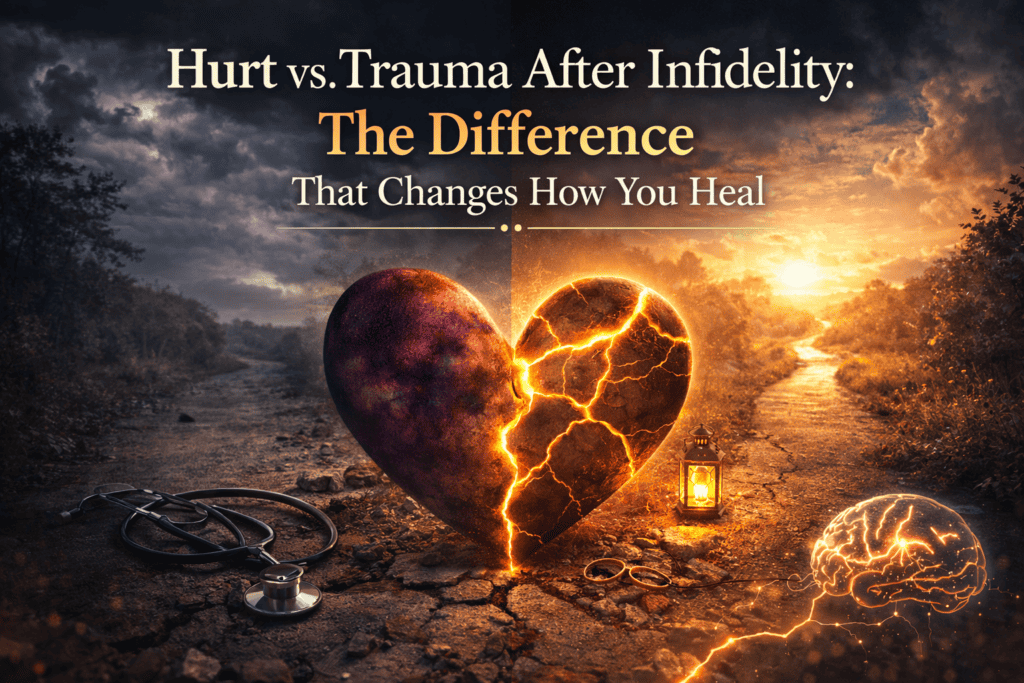 Split visual showing calm grief on one side and nervous system activation on the other representing hurt vs trauma after infidelity