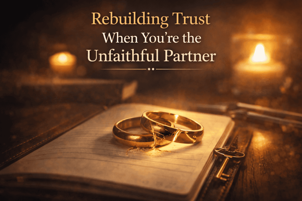 Man sitting in reflection representing rebuilding trust as the unfaithful partner after betrayal