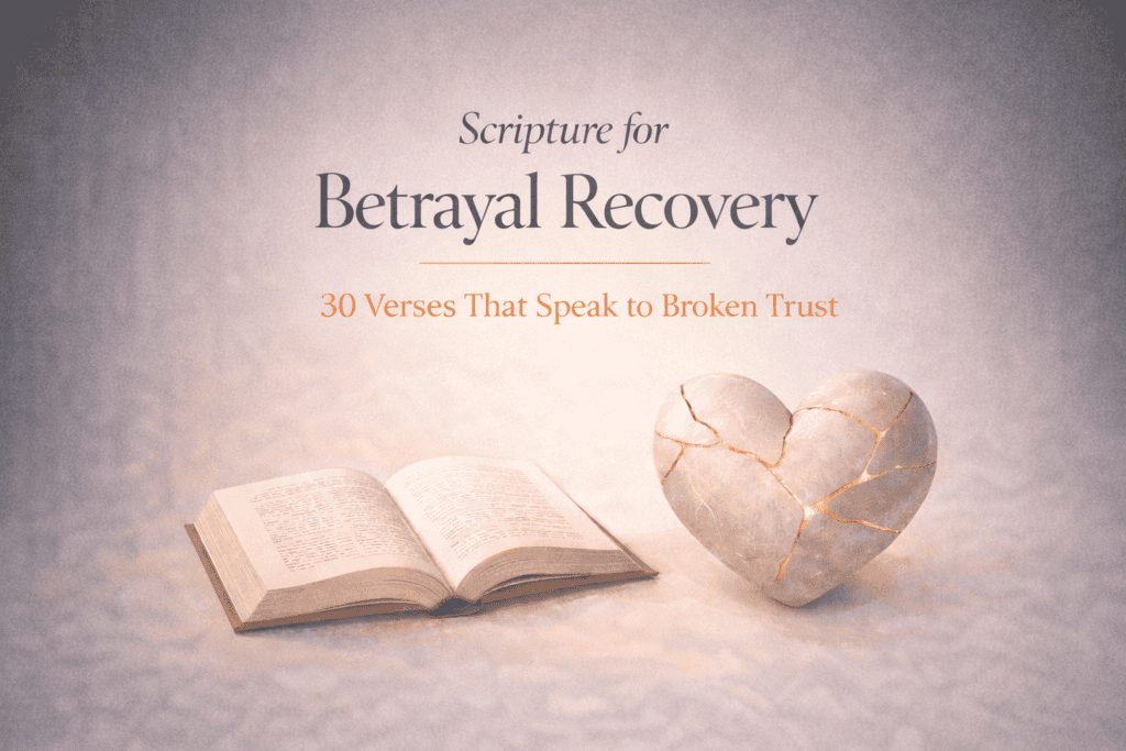 Scripture for betrayal recovery with an open Bible and a kintsugi heart symbolizing healing after broken trust