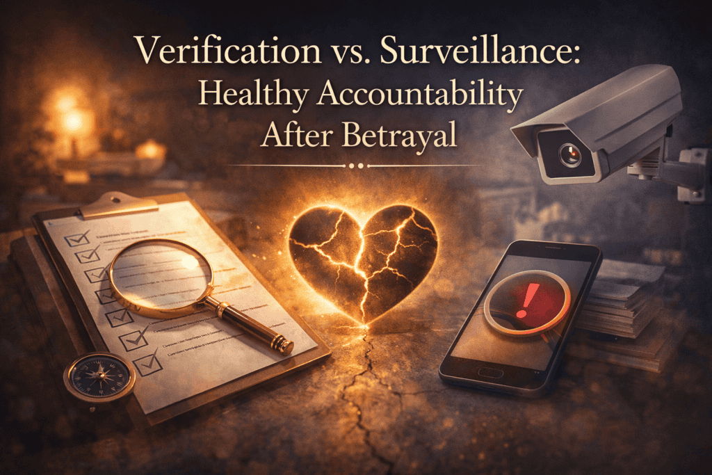 Betrayed partner weighing verification vs surveillance after betrayal while reviewing phone with intention not compulsion