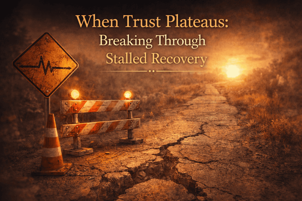 Couple sitting apart on opposite ends of a bench representing stalled trust rebuilding and a trust plateau after infidelity