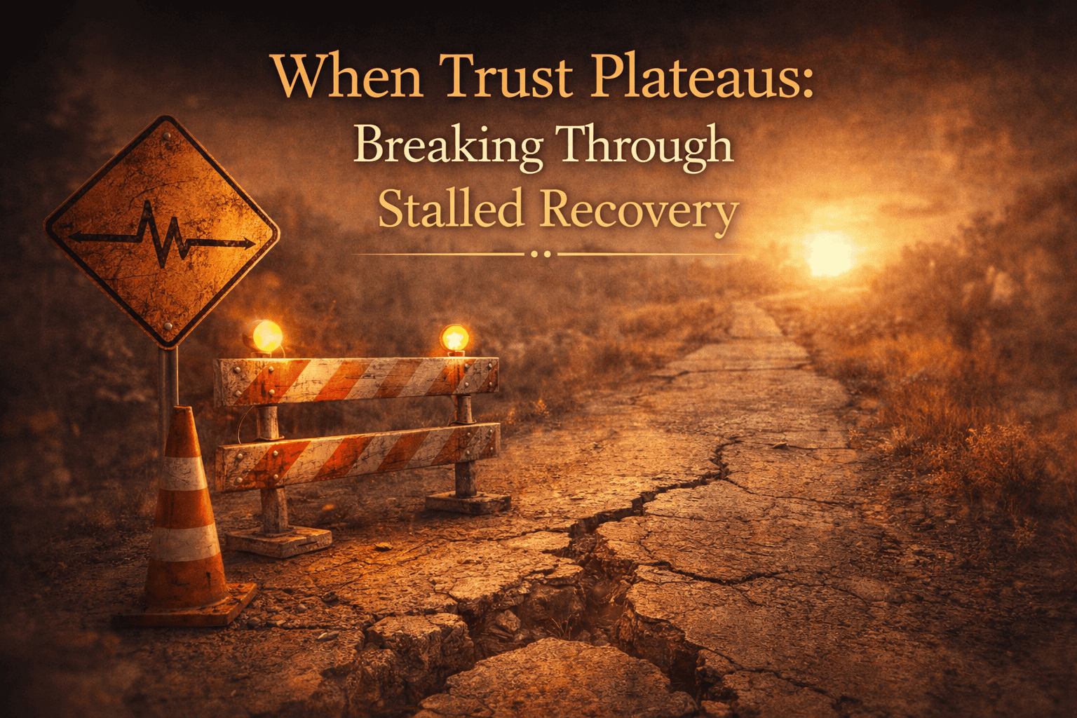 Couple sitting apart on opposite ends of a bench representing stalled trust rebuilding and a trust plateau after infidelity